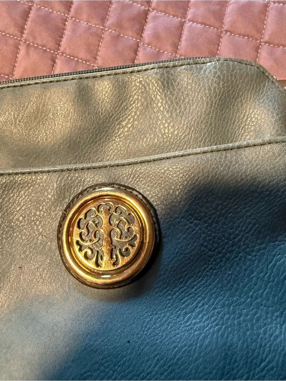 Tory Burch Teal Pebbled Leather Crossbody with Gold Logo Medallion